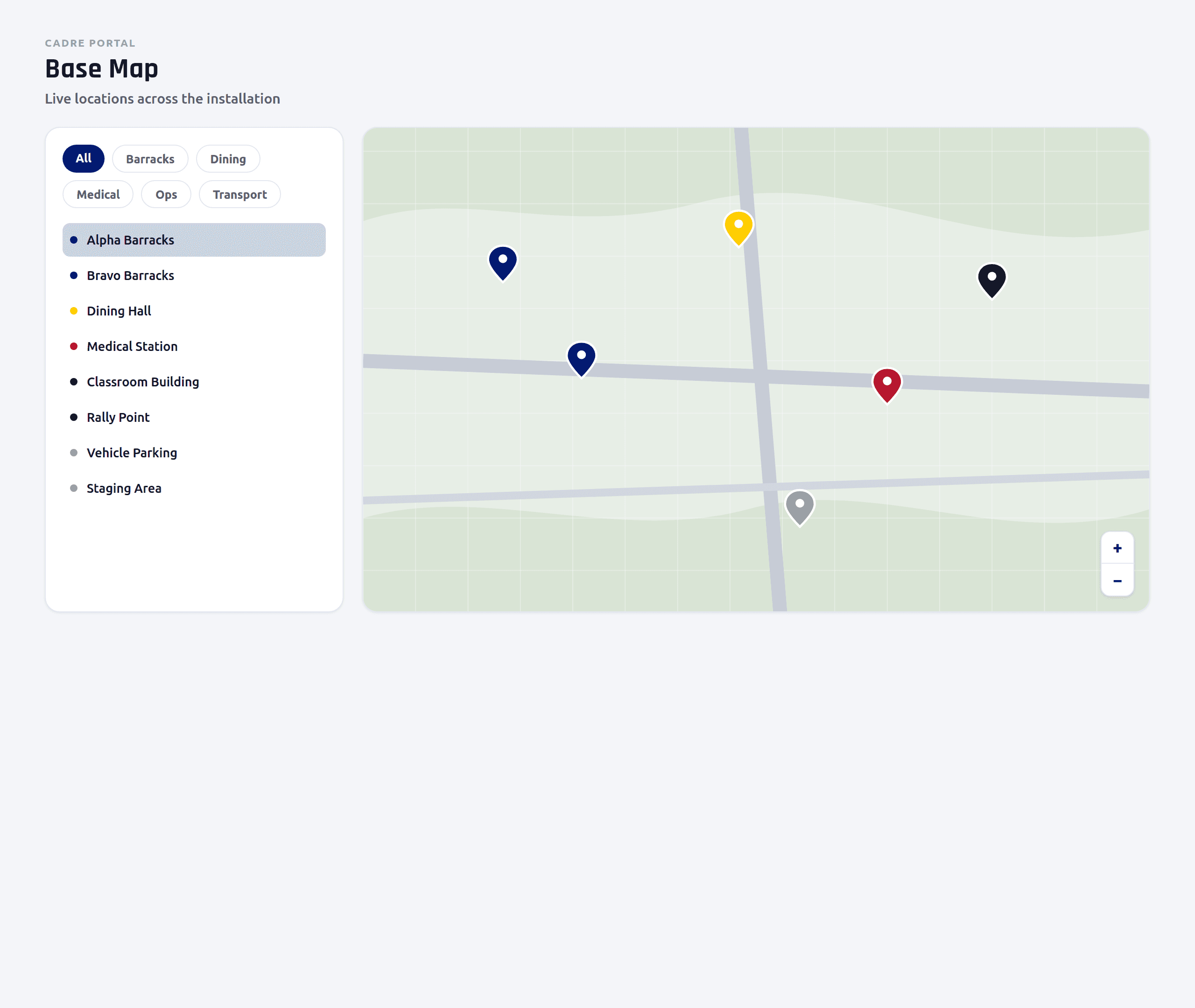 Interactive base map with barracks, dining, medical and training locations